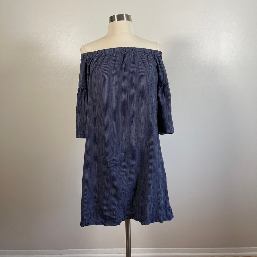 Madewell • Blue Striped Bell Sleeve Off the Shoulder Dress